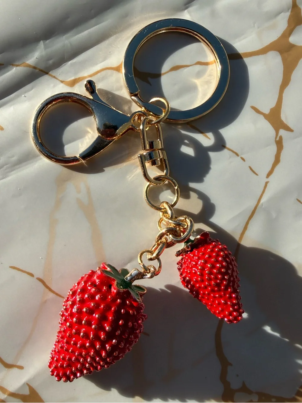 Gold Strawberry Keychain - Red Enamel Fruit Bag Charm Unbranded NWOT